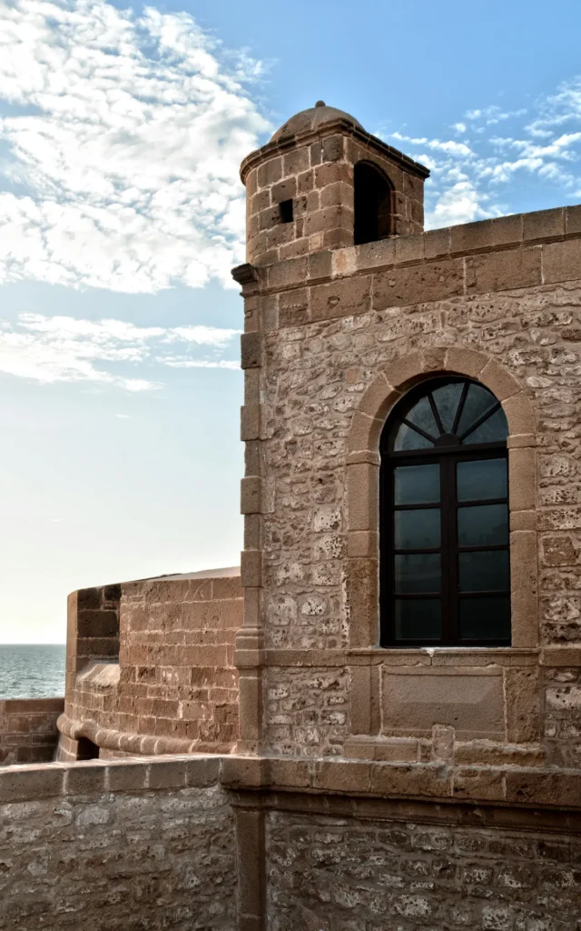 Historic stone tower on the ramparts of Essaouira overlooking the Atlantic Ocean