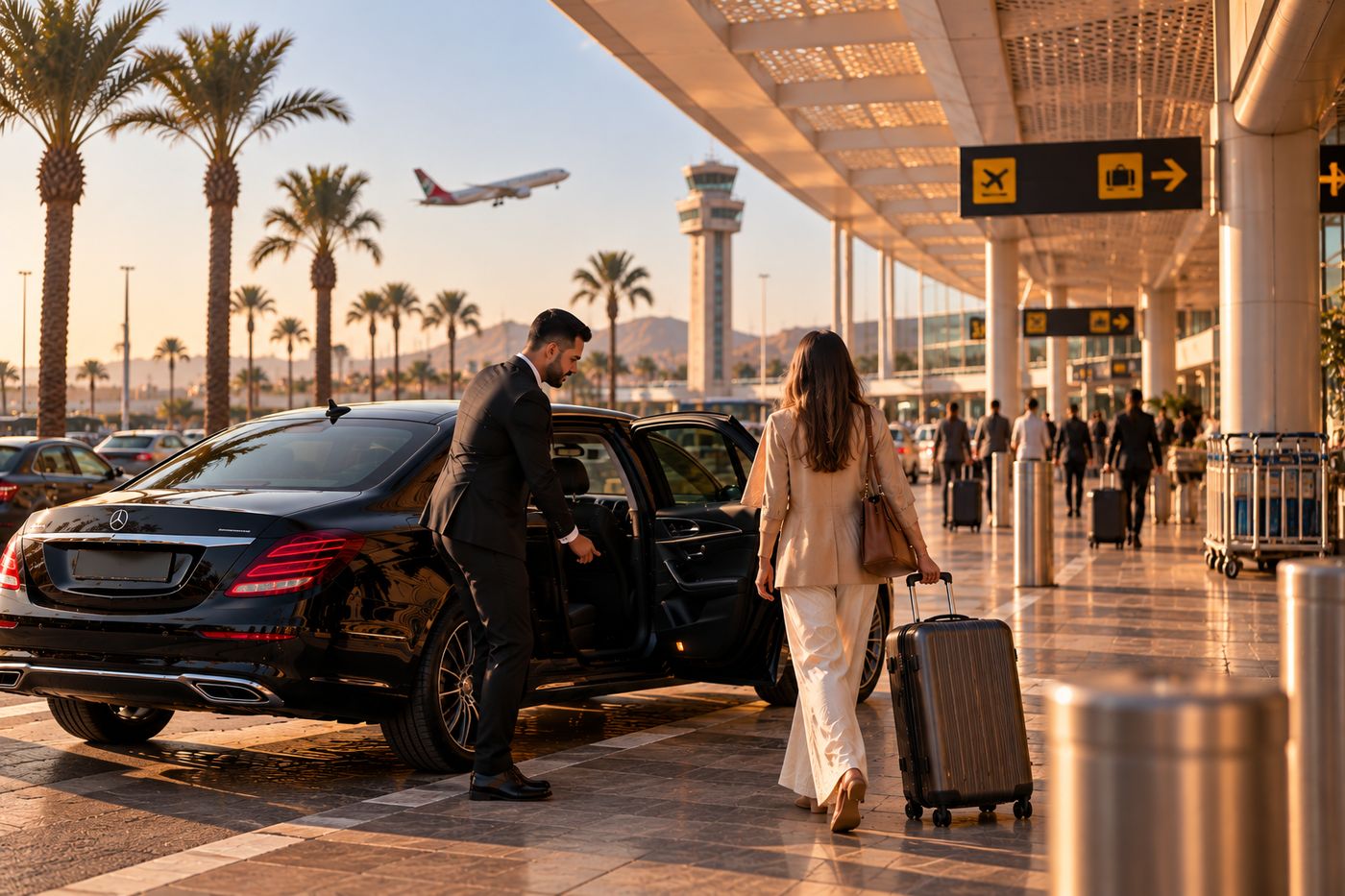 Private driver meeting travelers at a Morocco airport at golden hour